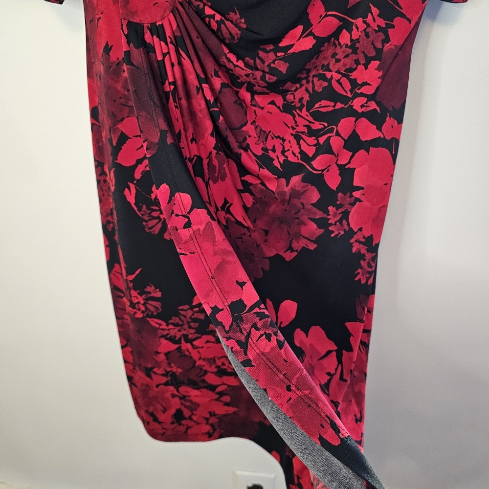 Connected Apparel Red Floral Faux Wrap Midi Dress Size 12 - Picture 6 of 11
